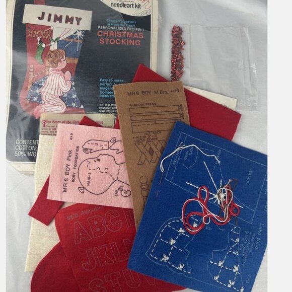 Other - Vintage Edna Looney Felt Christmas Stocking Needleart Kit Praying Boy Open